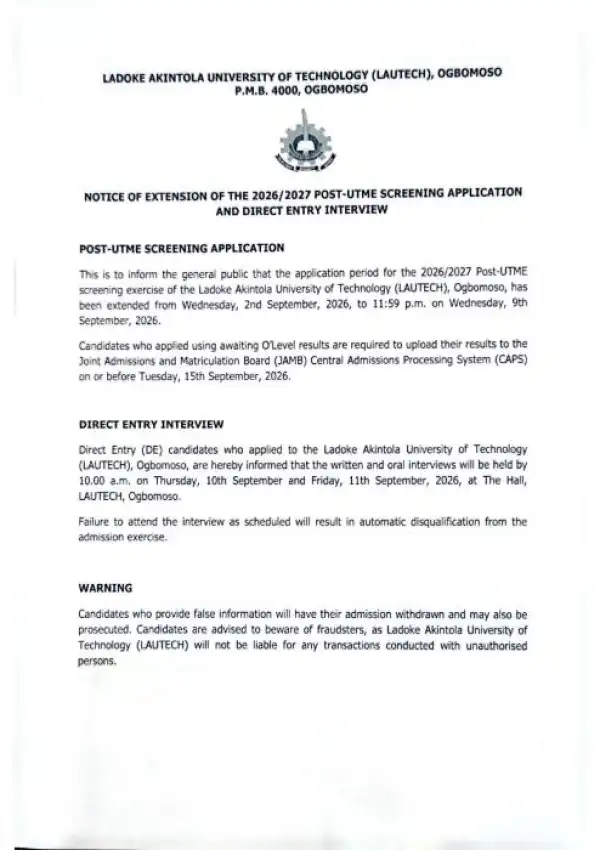 LAUTECH notice on extension of Post-UTME registration & Direct Entry Interview, 2026/2027