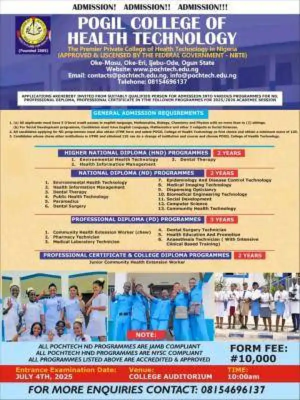 POGIL College of Health Technology releases Admission forms, 2025/2026
