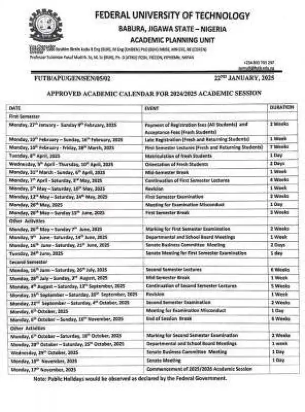 FUTB releases approved academic calendar, 2024/2025