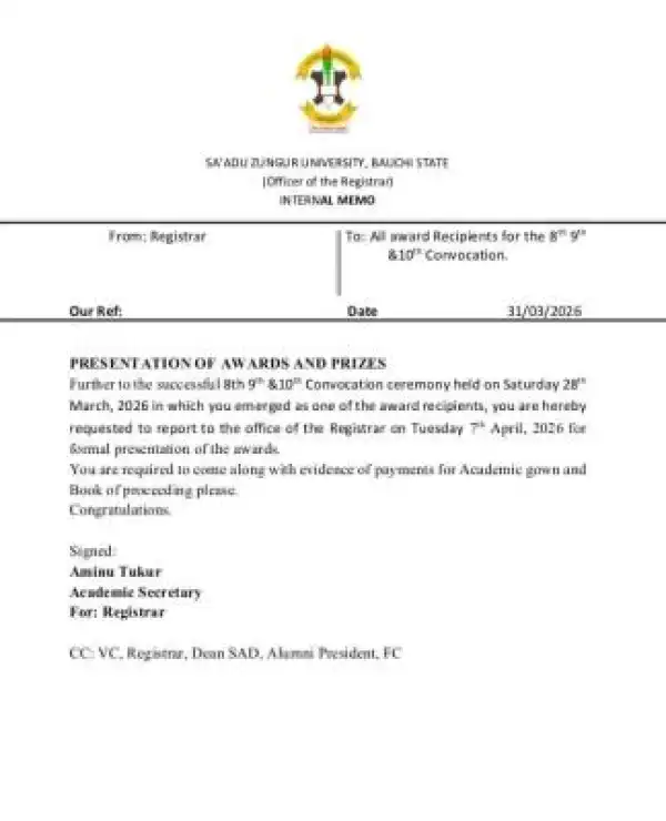 SAZU notice on presentation of awards to recipients at the 8th, 9th, and 10th Convocation