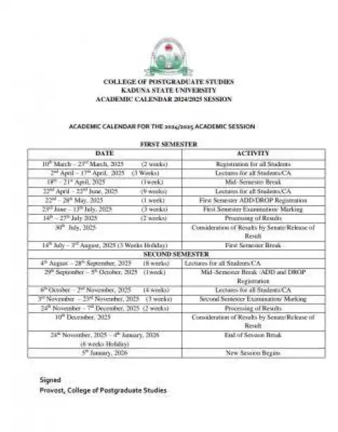 KASU Postgraduate academic calendar, 2024/2025