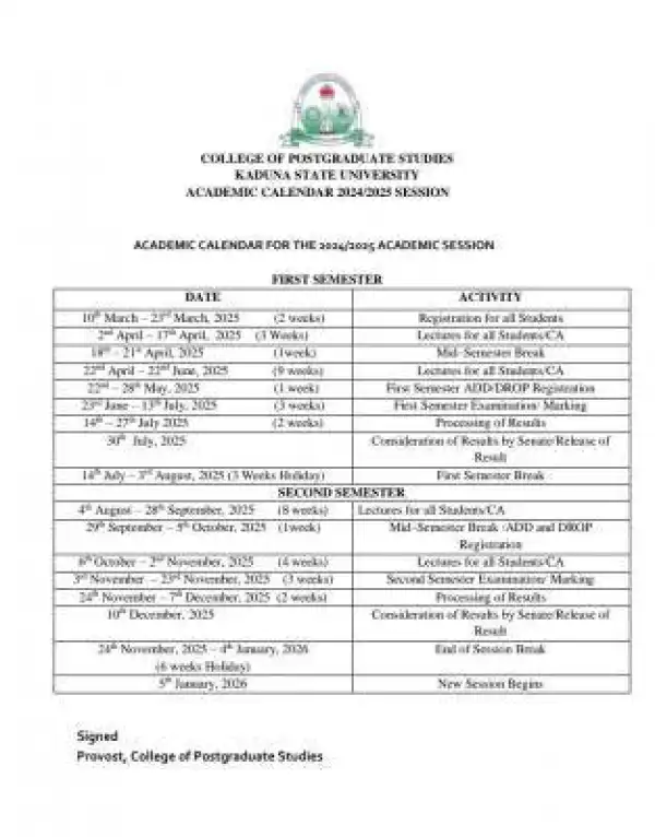 KASU Postgraduate academic calendar, 2024/2025