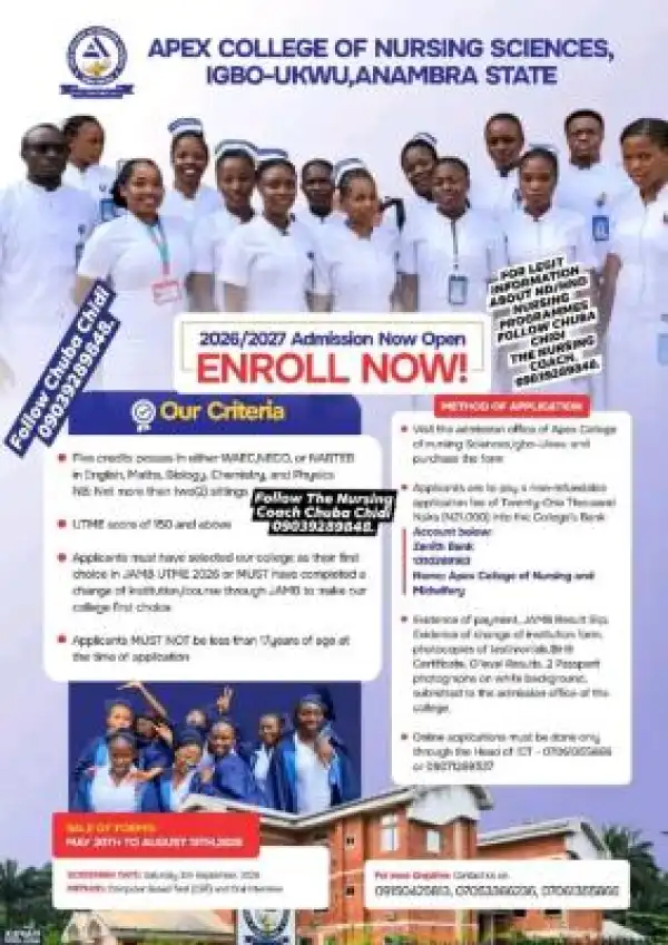 Apex College of Nursing Sciences, Igbo-Ukwu ND/HND Admission form, 2026/2027