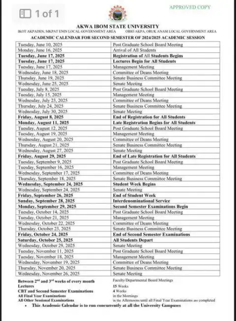 AKSU 2nd Semester Academic Calendar for 2024/2025 Session