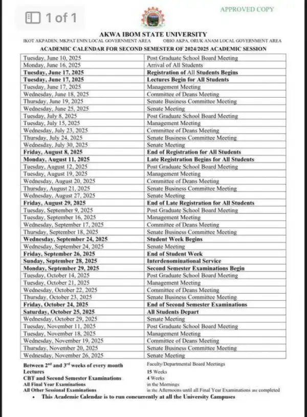 AKSU 2nd Semester Academic Calendar for 2024/2025 Session