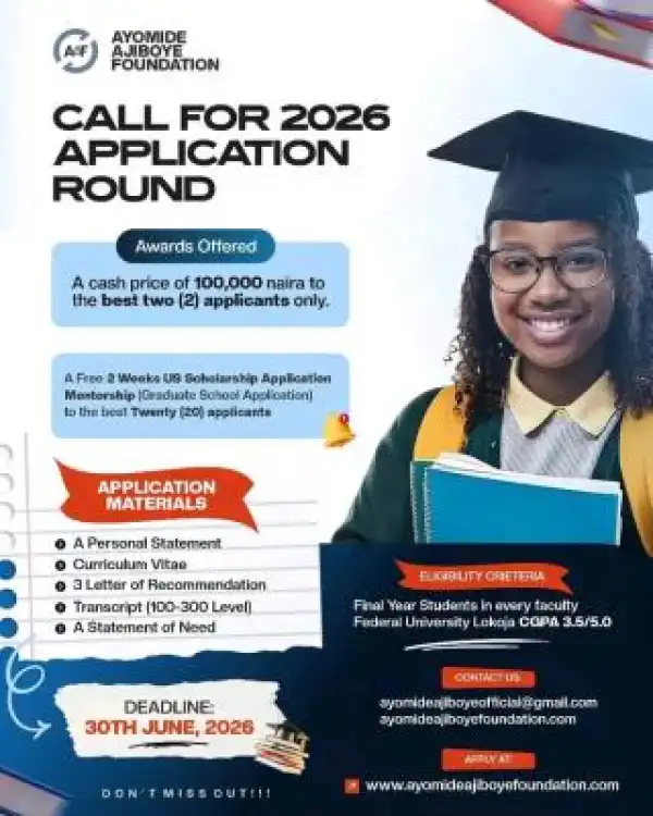 Ayomide Ajiboye Foundation Scholarship for FULOKOJA students, 2026