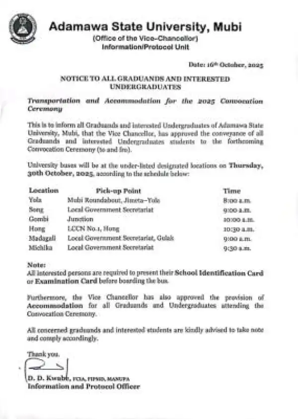 ADSU announces transportation and accommodation for 2025 convocation