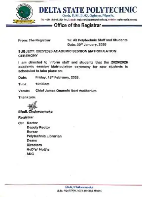 Delta State Polytechnic, Otefe-Oghara announces Matriculation Ceremony, 2025/2026
