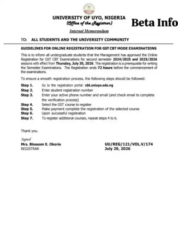 UNIUYO GST registration guidelines for 2nd semester 2024/2025 and 2025/2026