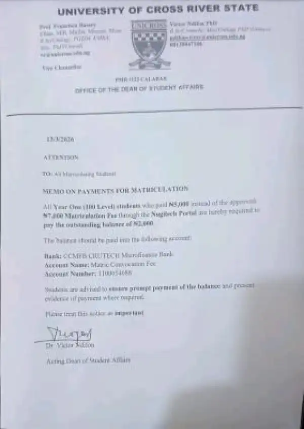 UNICROSS update on matriculation fee payment for 100-level students