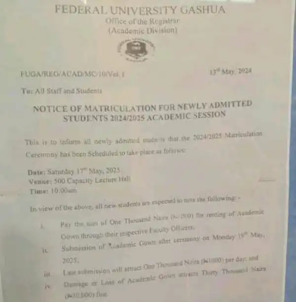 FUGASHUA announces Matriculation ceremony, 2024/2025