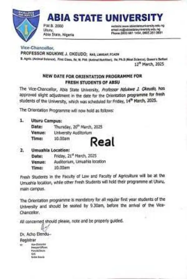 ABSU announces new date for orientation programme, 2024/2025