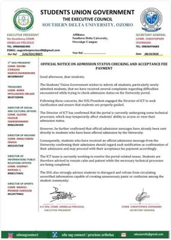 Southern Delta University SUG notice on Admission Status Checking and Acceptance Fee Payment