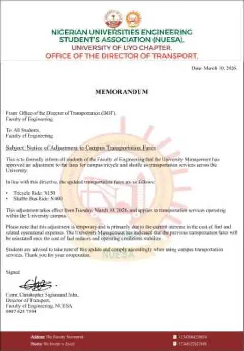 UNIUYO Engineering Students Association notice of temporary increase transport fares