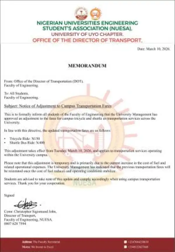 UNIUYO Engineering Students Association notice of temporary increase transport fares