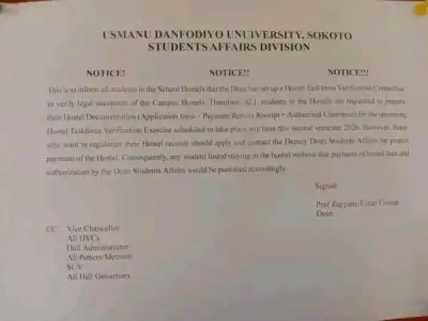 UDUS issues notice to students on hostel verification exercise