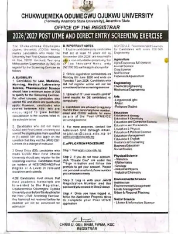 COOU Post-UTME/DE 2026: Cut-off mark, Eligibility and Registration Details