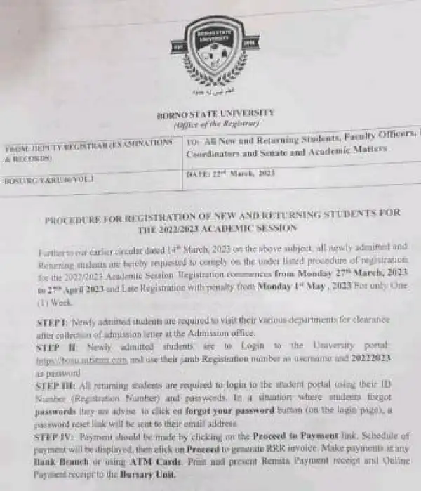 BOSU procedures for registration of new and returning students, 2022/2023