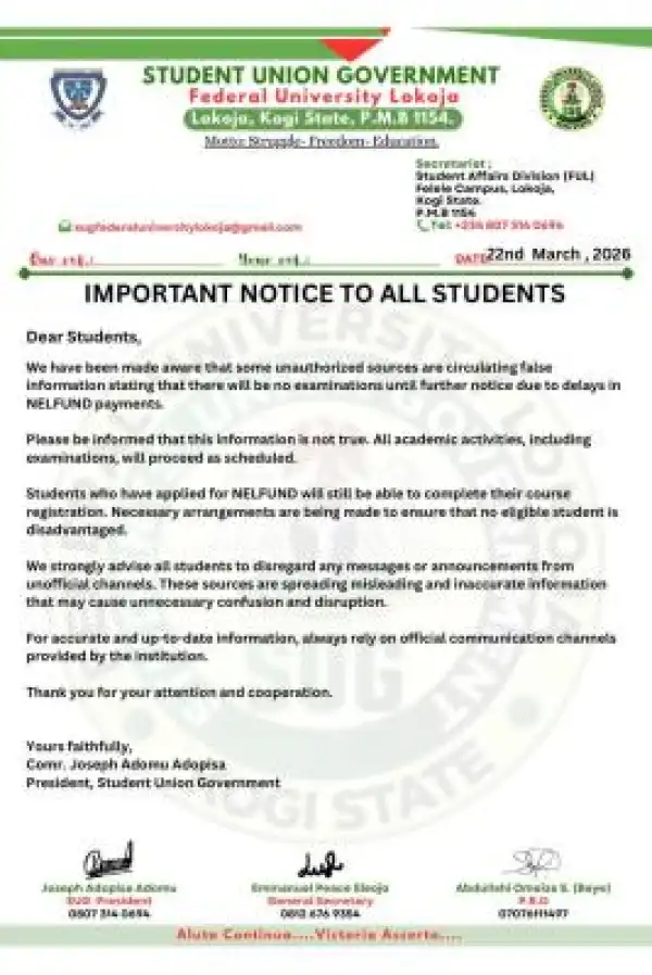 FULOKOJA SUG notice to students