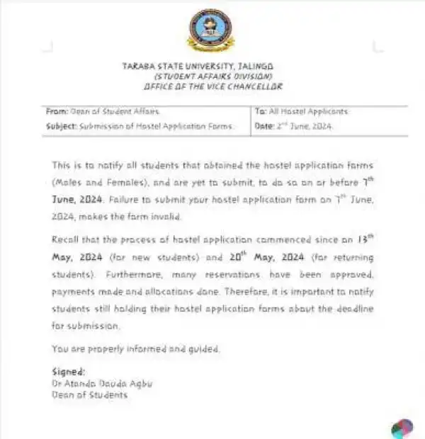 TSU notice to all hostel applicants on submission of application forms