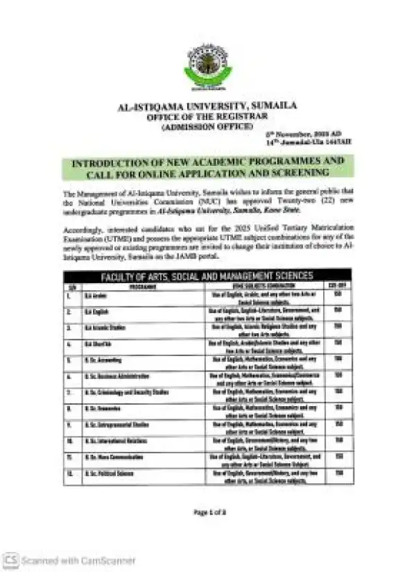 Al-Istiqama University announces admission into newly approved programmes, 2025/2026