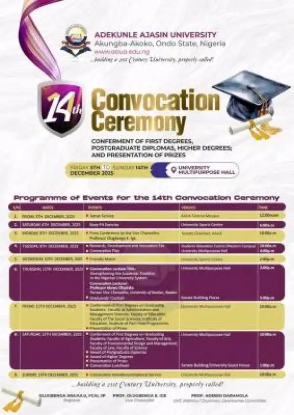 AAUA announces schedule for 14th convocation ceremony
