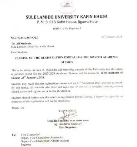 Sule Lamido University notice on closing of registration portal, 2023/2024