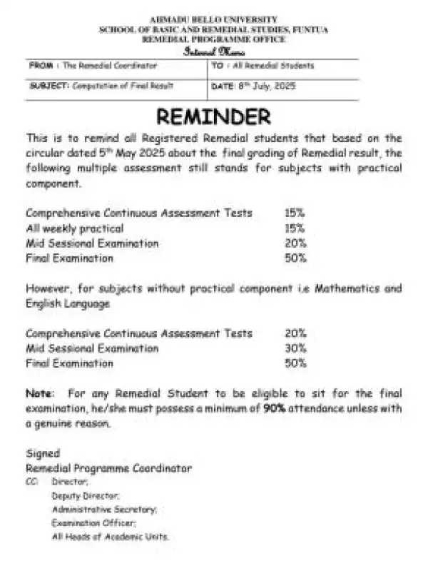 ABU issues important notice to Remedial students on computation of final results