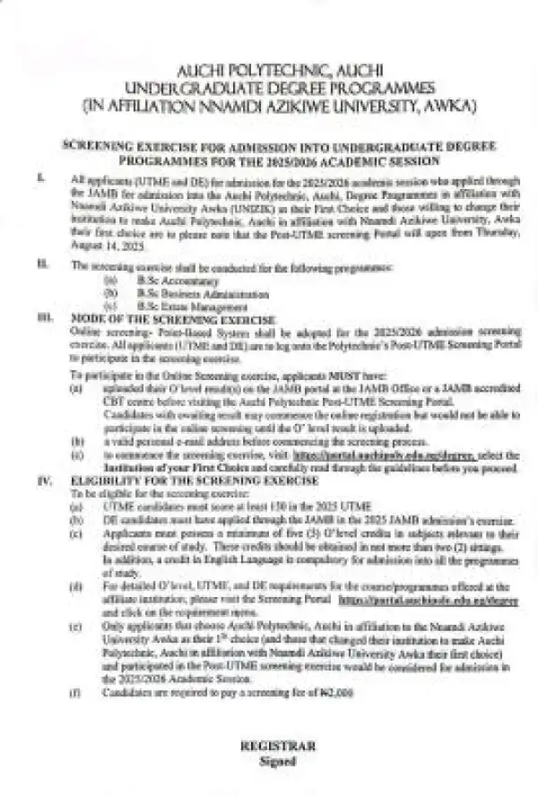 Auchi Poly (affiliated to UNIZIK) Post-UTME 2025: Cut-off mark, eligibility and registration details