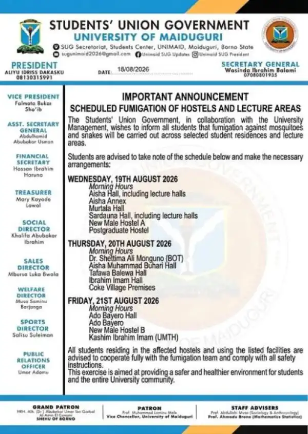 UNIMAID SUG notice on Commencement of fumigation of hostels