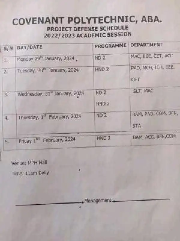Covenant Polytechnic release project defense schedule, 2022/2023