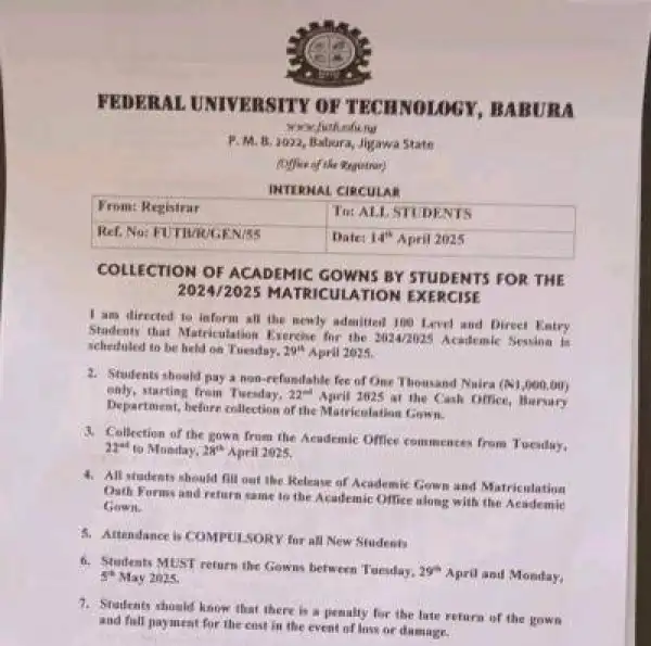 FUTB announces Matriculation ceremony, 2024/2025