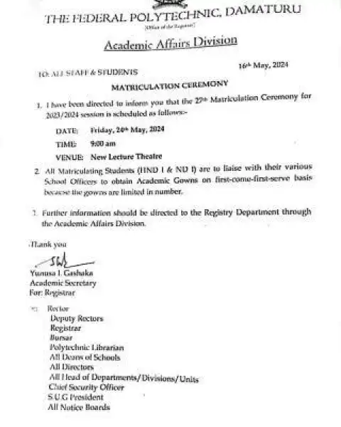 Fed Poly Damaturu announces Matriculation ceremony, 2023/2024