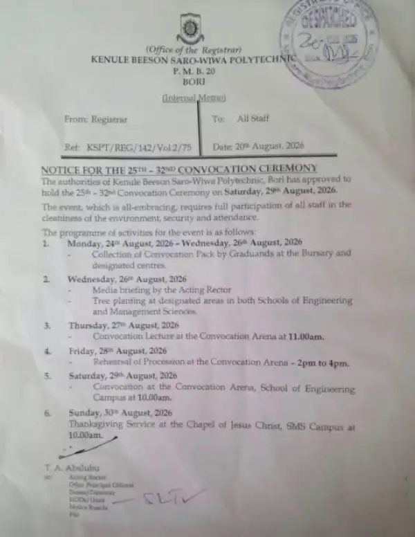 Kenule Beeson Sato-Wiwa announces 25th-32nd Convocation Ceremony