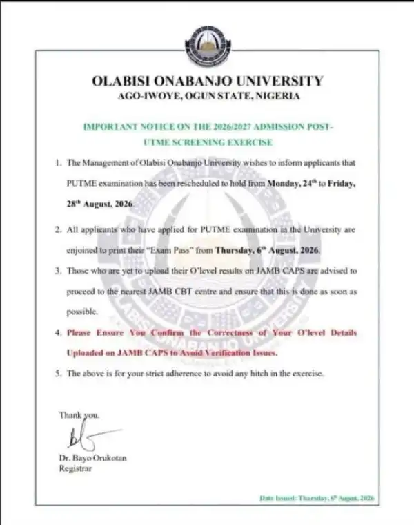 OOU reschedules Post-UTME screening exercise, 2026/2027
