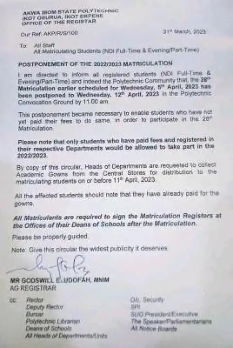 Akwa Ibom Poly postpones Matriculation Ceremony, 2022/2023
