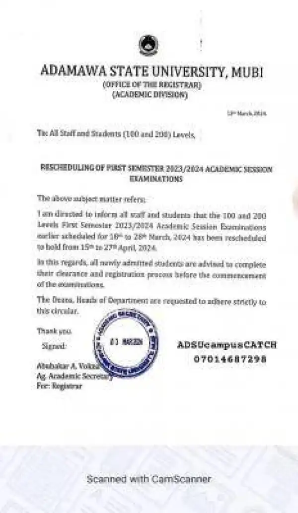 ADSU reschedules first semester examination, 2023/2024