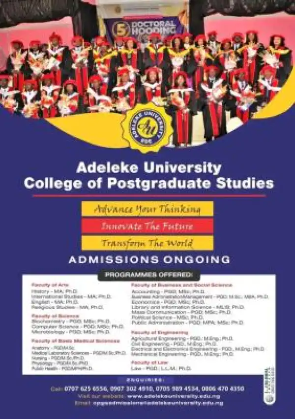 Adeleke University Postgraduate Admission form, 2025/2026