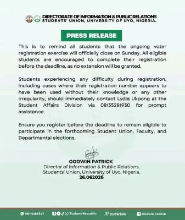 UNIUYO SUG notice to students on closure of the SUG voters registration