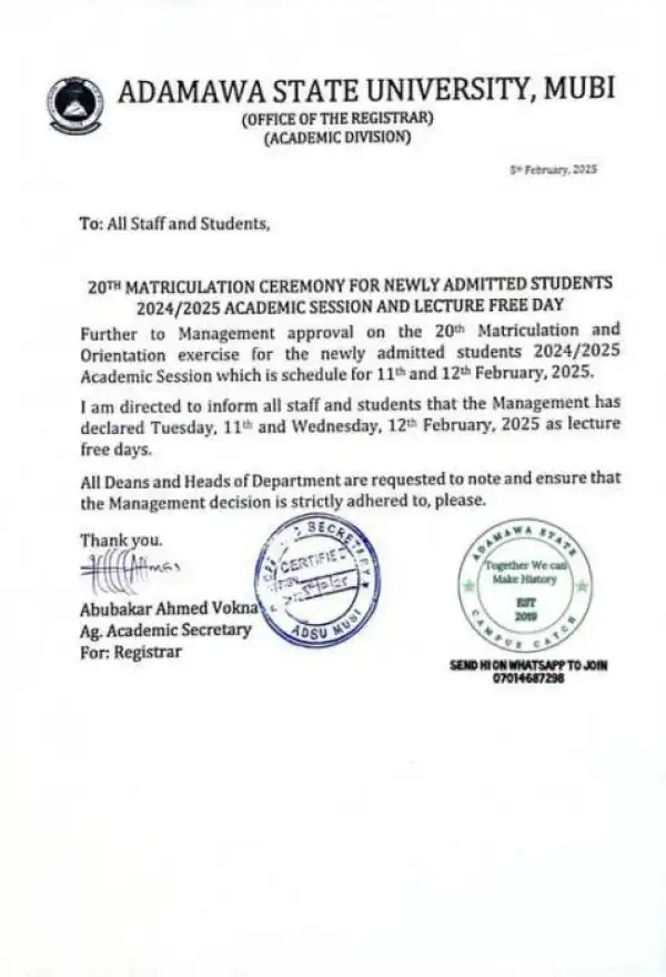 ADSU announces matriculation ceremony, 2024/2025
