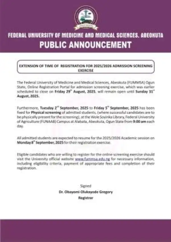 FUMMSA extends Post-UTME application deadline, 2025/2026