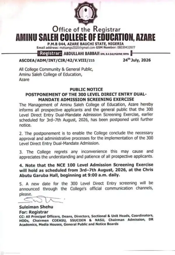 ASCOEA postpones 300L DE Dual-mandate admission screening exercise