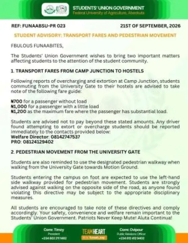 FUNAAB SUG notice to students on transport fares, pedestrian movement around the University Gate
