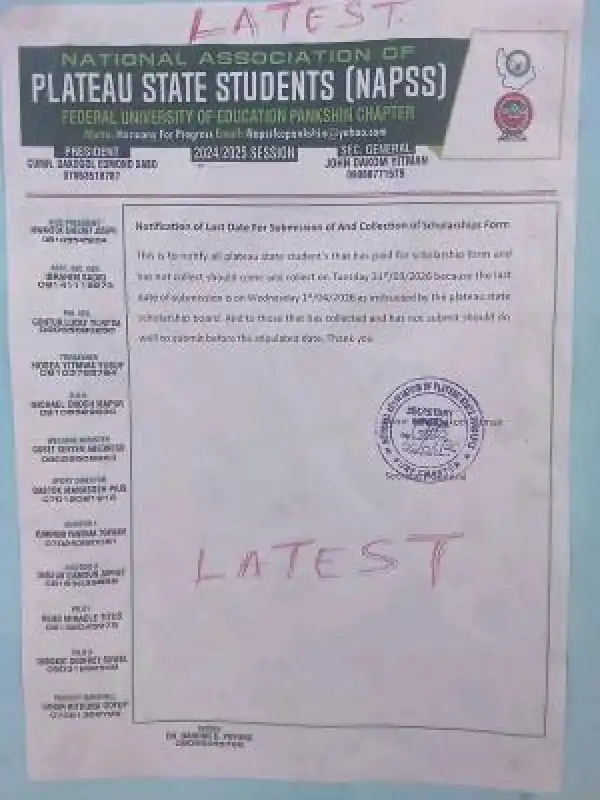 FCE Pankshin Plateau State Students Association notice on submission of scholarship form