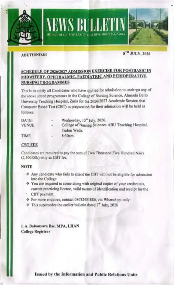 ABUTH CBT screening for Post-Basic in Midwifery, Ophthalmic, Pediatrics & Perioperative Nursing, 2026/2027