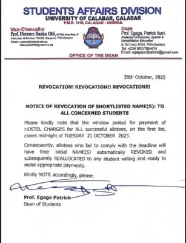 UNICAL notice on hostel allocation revocation