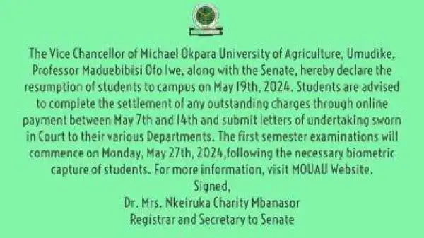 MOUAU notice on resumption of academic activities