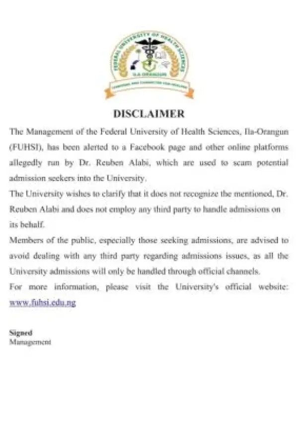 FUHSI issues disclaimer notice to the general public