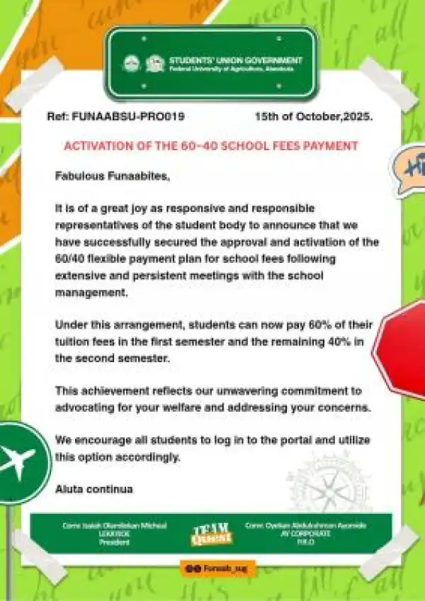 FUNAAB SUG notice on approval of 60–40 school fees payment