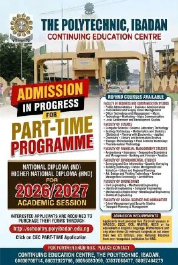 The Polytechnic, Ibadan Part-Time ND and HND Programmes for 2026/2027 Session